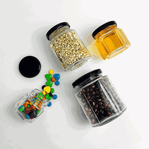 Venta al por mayor Frascos de Vidrio Hexagonales con Tapa Negra 45ml | Mini tarros de almacenamiento de vidrio de cocina para miel, especias