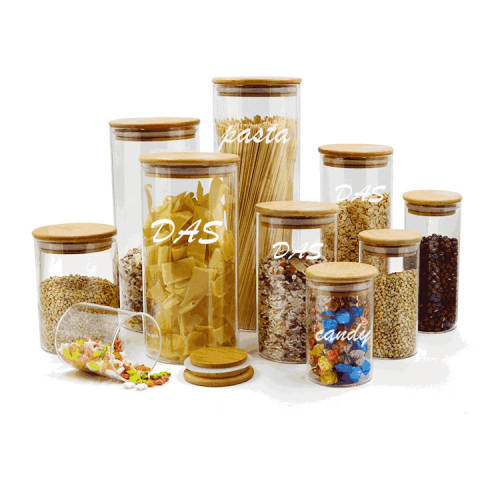 Pots de bidon de stockage de nourriture de cuisine en verre faits sur commande avec les couvercles hermétiques en bambou pour l'épice de café de pâtes