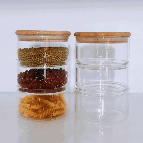 3 Stackable Glass Bamboo Storage Jars | Kitchen Natural Borosilicate Canister Glass Jars with Wooden Lids for Pantry, Tea, Coffee, Sugar, Cookie, Nuts