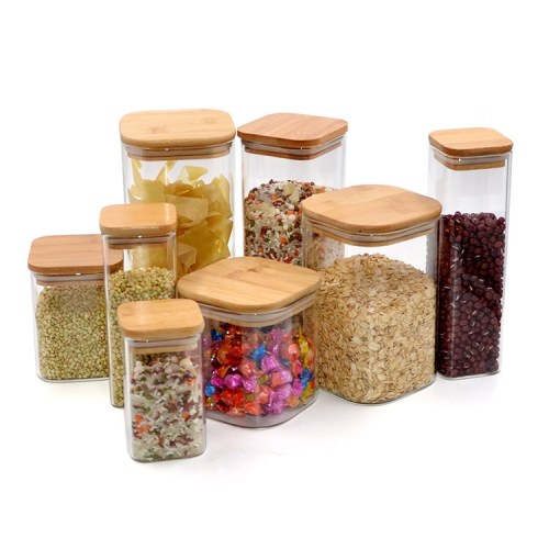 Custom Square Glass Kitchen Food Storage Jars | Glass Food Storage Containers with Bamboo Lids