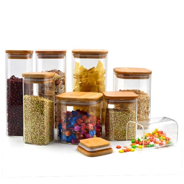 Custom Square Glass Kitchen Food Storage Jars | Glass Food Storage Containers with Bamboo Lids