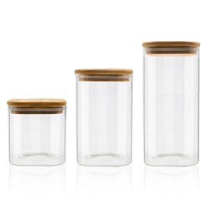 Square Natural Bamboo Glass Jars wiht Airtight Bamboo Lids | Kitchen Food Storage Spice Glass Jars for Pasta Coffee Flour Sugar Candy Cookie Spice Nuts
