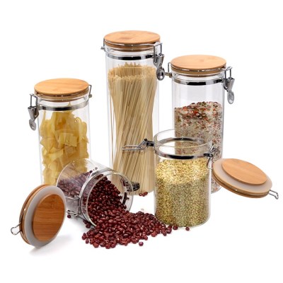 Frascos de almacenamiento de alimentos de vidrio personalizados con tapas de bambú con abrazadera | Juego de recipientes de almacenamiento de cocina de vidrio transparente