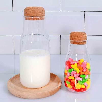 Custom Borosilicate Glass Milk Container | Glass Storage Bottles with Round Cork Lid for Cookies, Candy