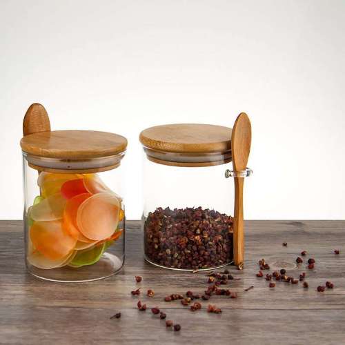 Custom Round Glass Storage Jars with Bamboo Lids | High Borosilicate Glass Food Containers with Spoon