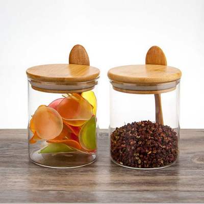 Wholesale Round Glass Storage Jars with Wooden Spoon | High Borosilicate Glass Food Containers with Bamboo Lid