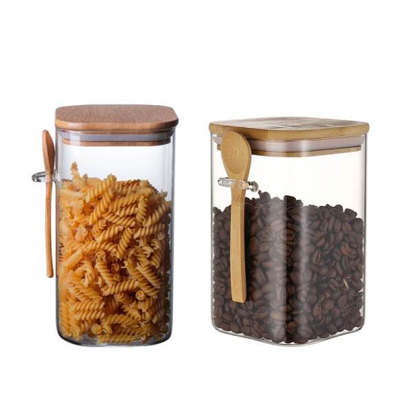 Custom Square Glass Storage Jars with Wooden Scoop | Kitchen spice jar with spoon for Sugar,Spice,Coffee Beans