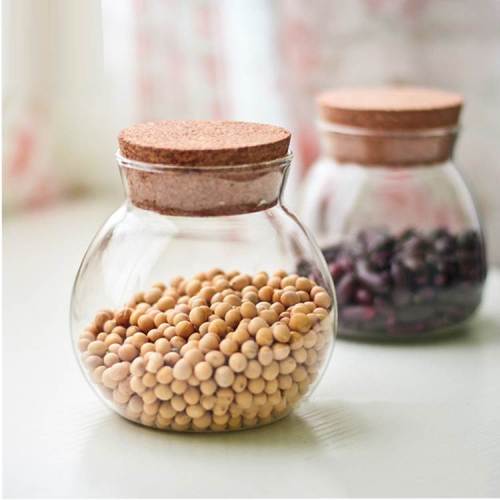 Custom Round Glass Storage Jars with Cork Stopper | Kitchen Food Container for Pantry Serving Nuts, Snake, Spices
