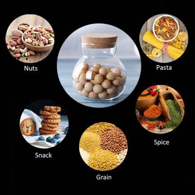 Custom Round Glass Storage Jars with Cork Stopper | Kitchen Food Container for Pantry Serving Nuts, Snake, Spices