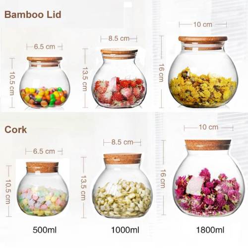 Custom Round Glass Storage Jars with Cork Stopper | Kitchen Food Container for Pantry Serving Nuts, Snake, Spices