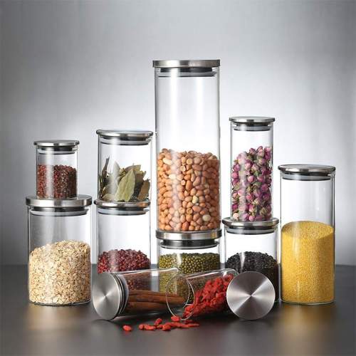 برطمانات تخزين الطعام للمطبخ الزجاجي المخصص | أوعية تخزين زجاجية مع أغطية من الفولاذ المقاوم للصدأ