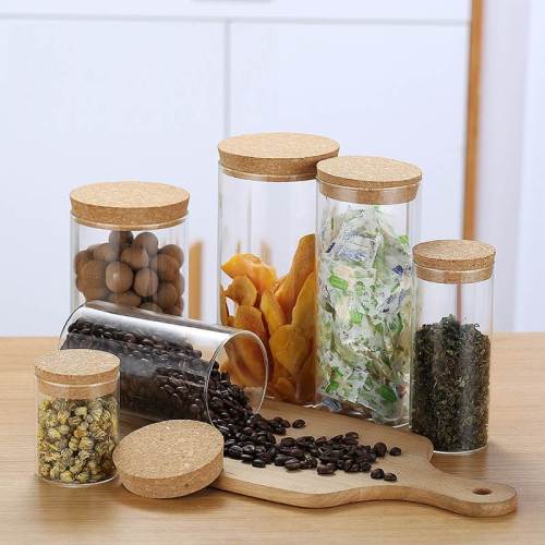 Custom Borosilicate Glass Storage Jars with Wood Cork Lid for Pantry | Glass Food Storage Canisters