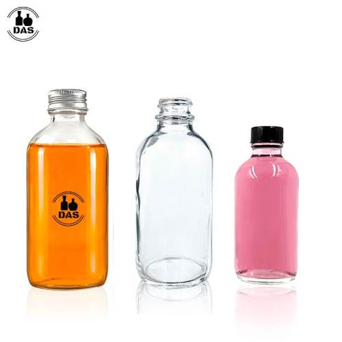 Custom Glass Juice Bottles with Poly Cone Caps | Clear Boston Round Glass Bottles Wholesale with Lids