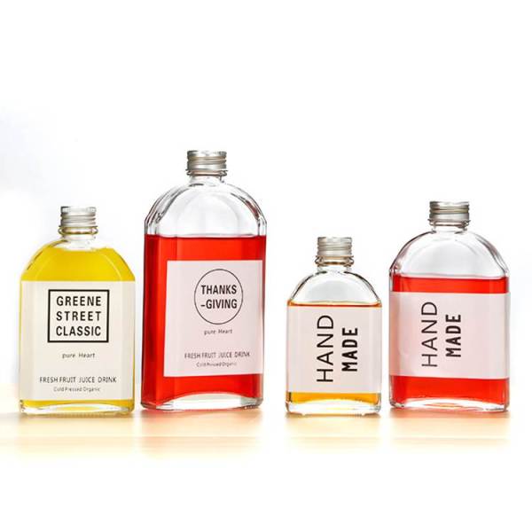 Wholesale Flat Flask Glass Juice Bottles with Aluminum Cap | Clear Glass Beverage Bottles for Lemon Tea