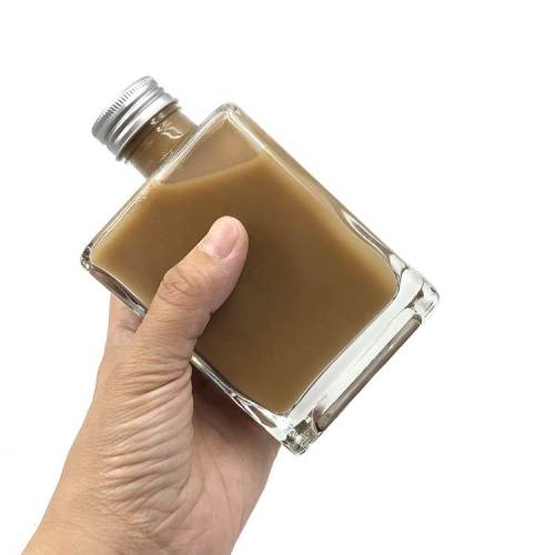 Wholesale Crooked Mouth Square Glass Juice Bottles | Glass Beverage Bottles with Cork for Drinking Milk Water