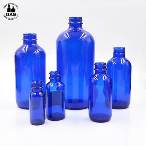 Bouteilles en verre rondes Boston bleu cobalt pour huile essentielle, boisson, parfum, lavage des mains, désinfectant