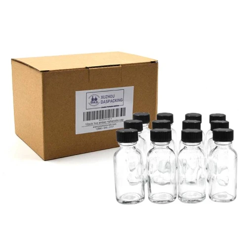 Custom Clear Boston Round Glass Bottles | 1 oz Small Glass Bottles with Black Poly Seal Cone Cap