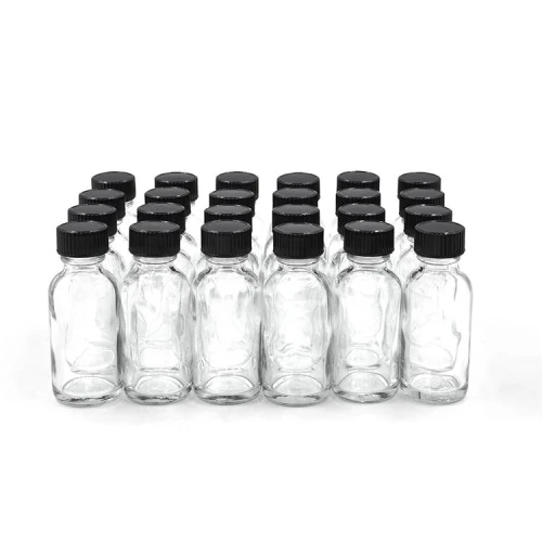 Custom Clear Boston Round Glass Bottles | 1 oz Small Glass Bottles with Black Poly Seal Cone Cap