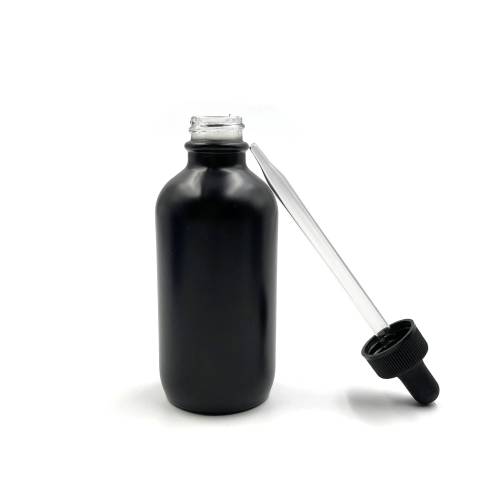 Botellas de vidrio redondas Boston de color negro brillante que empaquetan 4 oz con tapas cuentagotas acanaladas negras para aceite esencial