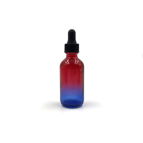 Botellas cosméticas de vidrio redondas Boston personalizadas de 2 oz Multi Fade Cranberry y Teal blue con tapas cuentagotas