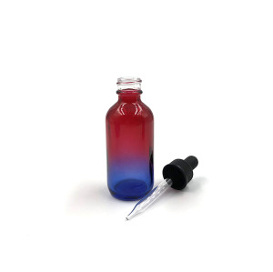 Custom 2 oz Boston Round Glass Cosmetic Bottles Multi Fade Cranberry and Teal blue with Dropper Lids