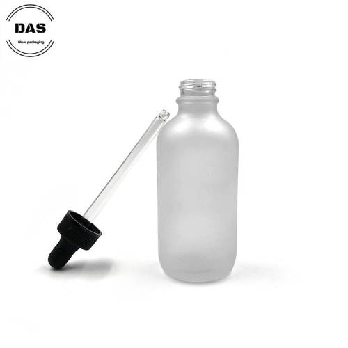 Custom Frosted Boston Round Glass Bottles 4 oz with Black Ribbed Dropper Lids | Glass Cosmetic Bottles