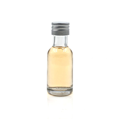 Botellas de licor de vidrio en miniatura transparente 30 ml al por mayor para ginebra, whisky, ron, vodka con tapas de aluminio