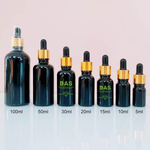 Frascos cuentagotas de vidrio negro personalizados | Botellas de aceite esencial Euro Serum con gotero dorado