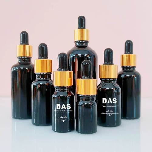 Flacons compte-gouttes en verre noir personnalisés | Bouteilles d'huiles essentielles Euro Serum avec compte-gouttes doré