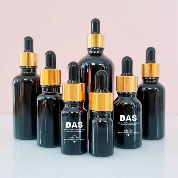 Frascos cuentagotas de vidrio negro personalizados | Botellas de aceite esencial Euro Serum con gotero dorado