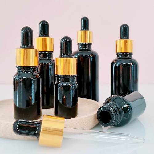 Custom Black Glass Eye Dropper Bottles | Euro Serum Essential Oil Bottles with Golden Dropper