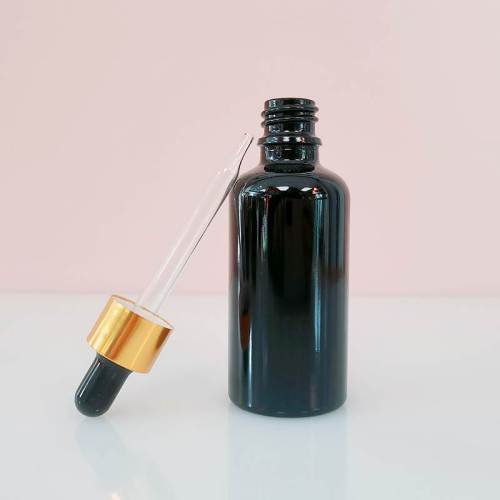Flacons compte-gouttes en verre noir personnalisés | Bouteilles d'huiles essentielles Euro Serum avec compte-gouttes doré