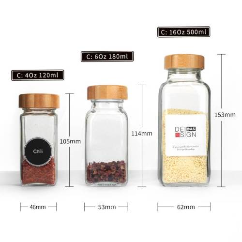 Custom Square Glass Spice Jars with Bamboo Lids | Wholesale Glass Spice Containers 4 oz 6 oz 16 oz