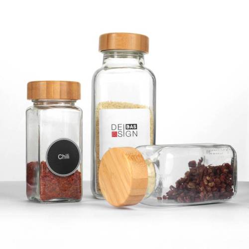 Pots à épices en verre carrés personnalisés avec couvercles en bambou | Vente en gros de récipients à épices en verre 4 oz 6 oz 16 oz