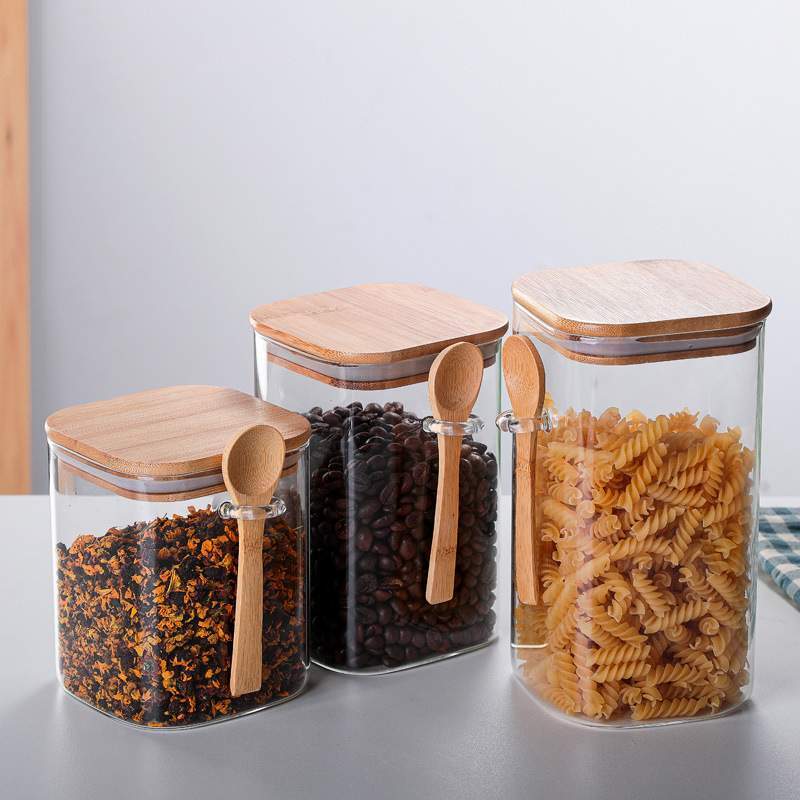 Custom Square Glass Kitchen Storage Jar Canisters with Bamboo Lids ...