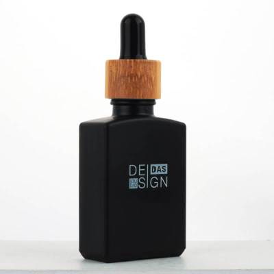 1 oz Square Glass Dropper Bottle Wholesale | Matte Black Serum E-juice Bottles with Bamboo Dropper