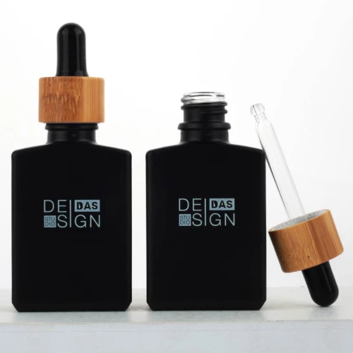 1 oz Square Glass Dropper Bottle Wholesale | Matte Black Serum E-juice Bottles with Bamboo Dropper
