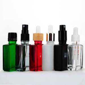 Botellas cuentagotas de vidrio cuadradas personalizadas 1 oz | Botellas de líquido E blanco mate con cuentagotas de plástico