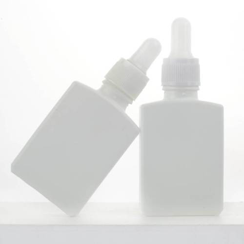 Botellas cuentagotas de vidrio cuadradas personalizadas 1 oz | Botellas de líquido E blanco mate con cuentagotas de plástico