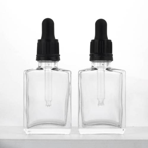 1 oz Square Glass Dropper Bottles Wholesale | Clear Tincture Serum Bottles with Tamper Evident Dropper
