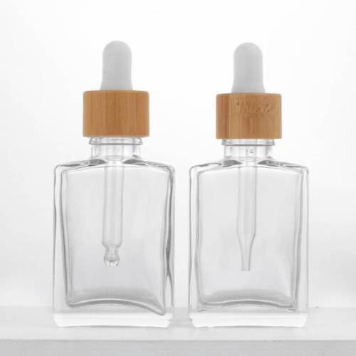 Custom Clear Essential Oil Serum Bottles 1 oz | Square Empty Dropper Bottles with Bamboo Dropper