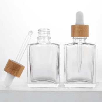 Custom Clear Essential Oil Serum Bottles 1 oz | Square Empty Dropper Bottles with Bamboo Dropper