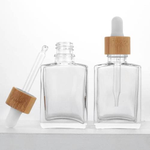 Botellas de suero de aceite esencial transparente personalizadas 1 oz | Frascos cuentagotas vacíos cuadrados con cuentagotas de bambú