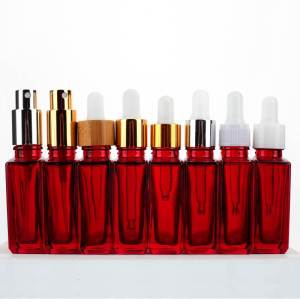 Frascos cuentagotas de vidrio cuadrados rojos personalizados 1 oz con cuentagotas de bambú | Botellas de tintura