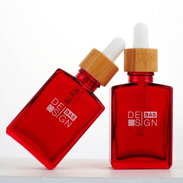 Frascos cuentagotas de vidrio cuadrados rojos personalizados 1 oz con cuentagotas de bambú | Botellas de tintura