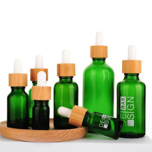 Flacons compte-gouttes en verre personnalisés | Bouteilles d'huiles essentielles Euro vertes avec compte-gouttes en bambou