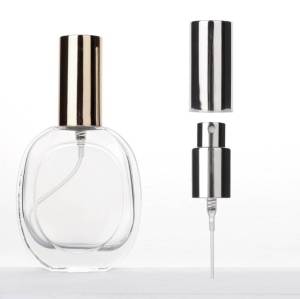 Botellas de perfume de fragancia de vidrio personalizadas de 50 ml con atomizador en aerosol | Recargable | Forma ovalada plana.