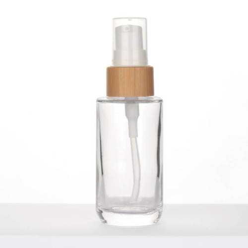 Bouteilles de pompe à huile cosmétique de maquillage en verre en gros de 30 ml avec pompe en bambou