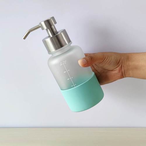 Custom 350ml Glass Pump Foam Soap Dispenser with Silicone Sleeve | Scale Mark