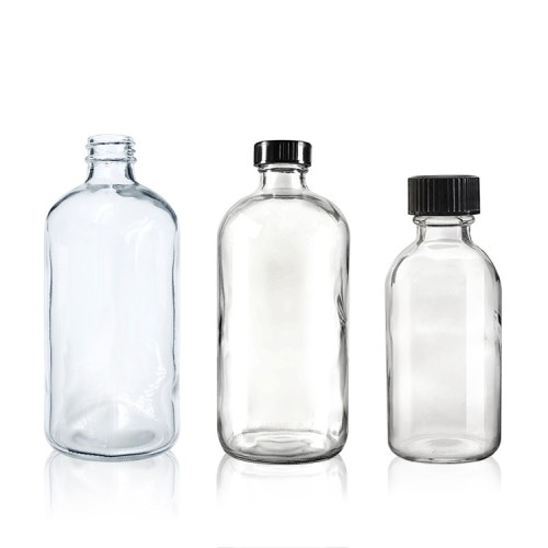 Boston Round Glass Bottles | Clear Glass Bottles with Black Poly Cone Caps for Juice, Potion, Liquor, Kombucha